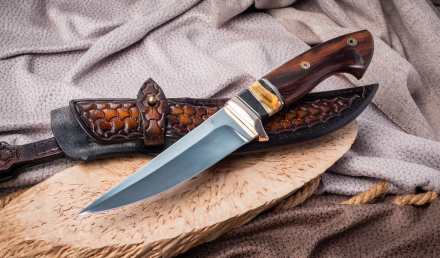 Нож из стали S390 «Орлан», рукоять мокумэ-ганэ, черный граб, зуб мамонта и железное дерево