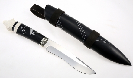 Коллекционный Нож Волк сталь ELMAX, рукоять резная, рог лося, черный граб, ножны резные черный граб