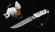Авторская композиция Эпоха мамонта, премиум нож дамаск торцевой рукоять мокуме-гане, зуб мамонта, бивень моржа с рисунком