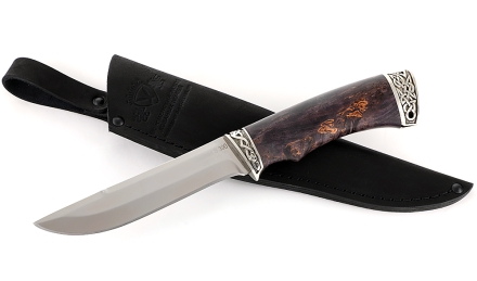 Нож Барракуда сталь S390 рукоять карельская береза стабилизированная фиолетовая, мельхиор(распродажа)