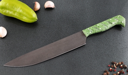 Кухонный нож Шеф №1 сталь Х12МФ, рукоять зеленый акрил