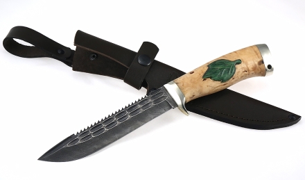 Нож Рыболов-2 сталь дамаск-камень, рукоять карельская береза со вставкой