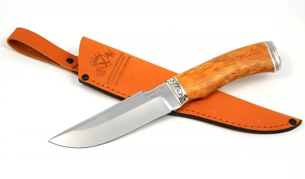 Нож из стали S390 «Алтай» рукоять карельская береза стабилизированная янтарь, мельхиор без упора