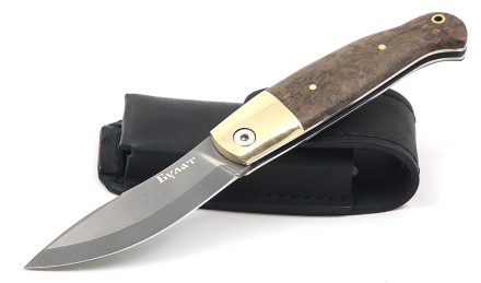 Складной нож Клык, сталь булат, рукоять накладки карельская береза стабилизированная коричневая