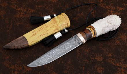 Эксклюзивный Нож Индейский дамаск торцевой мокуме-гане кость мамонта рог лося резной ножны карельская береза