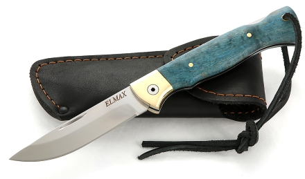 Складной нож Лиса, сталь Elmax, рукоять накладки карельская береза стабилизированная синяя