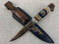Нож Тигр дамаск ламинированный с воронением, железное дерево, рог буйвола, стабилизированный зуб мамонта, мокуме-гане
