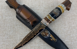 Нож Тигр дамаск ламинированный с воронением, железное дерево, рог буйвола, стабилизированный зуб мамонта, мокуме-гане