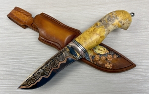 Нож Нырок дамаск ламинированный с воронением, рукоять стабилизированный кап клена, мокуме-гане