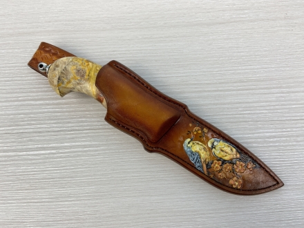 Нож Нырок дамаск ламинированный с воронением, рукоять стабилизированный кап клена, мокуме-гане