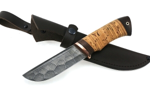 Нож Югра сталь дамаск полный камень рукоять береста