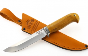 Нож Охотник сталь S390 рукоять карельская береза стабилизированная янтарь, мельхиор