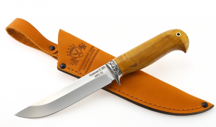Нож Охотник сталь S390 рукоять карельская береза стабилизированная янтарь, мельхиор