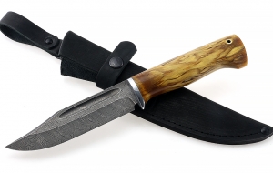 Нож Дельфин сталь дамаск, рукоять карельская береза стабилизированная янтарь