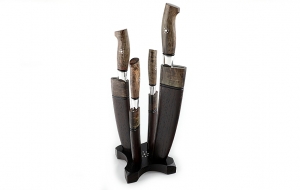 Набор ножей; Шеф в подставке из венге + карельская береза, сталь дамаск ламинированный, рукоять карельская береза стабилизированная коричневая