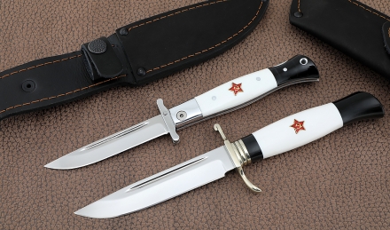 Ножи (Набор) Финка НКВД складная + фиксированная сталь сталь S390 белый акрил с красной звездой Ножи (Набор) Финка НКВД складная + фиксированная сталь сталь S390 белый акрил с красной звездой