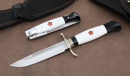 Ножи (Набор) Финка НКВД складная + фиксированная сталь сталь S390 белый акрил с красной звездой Ножи (Набор) Финка НКВД складная + фиксированная сталь сталь S390 белый акрил с красной звездой