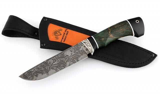 Нож Барракуда сталь дамаск ламинированный, рукоять карельская береза стабилизированная зеленая+черный граб 