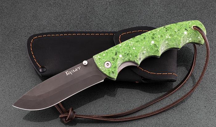Нож Носорог, сталь булат, складной, рукоять накладки акрил зеленый