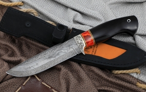 Нож Алтай сталь дамаск торцевой, рукоять черный граб акрил, мельхиор