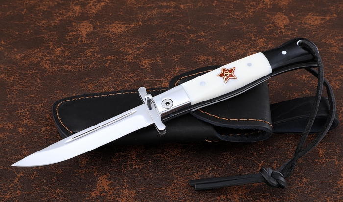 Нож Финка НКВД складная сталь S390 со штифтом акрил белый+черный с красной звездой