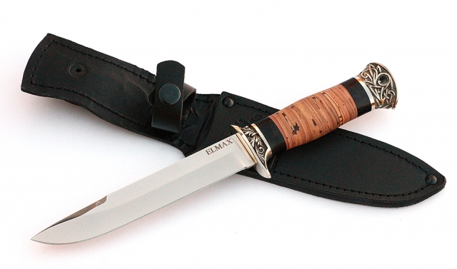 Нож Лидер-2 сталь ELMAX, рукоять береста-черный граб,мельхиор 