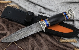 Нож Лидер сталь дамаск торцевой, рукоять черный граб акрил, мельхиор