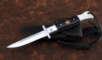 Нож Финка НКВД складная сталь булат полированный накладки акрил черный+белый с красной звездой