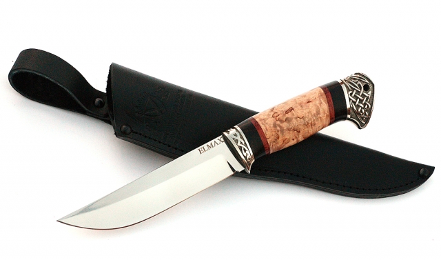 Нож Налим сталь ELMAX , рукоять карельская береза-черный граб,мельхиор 