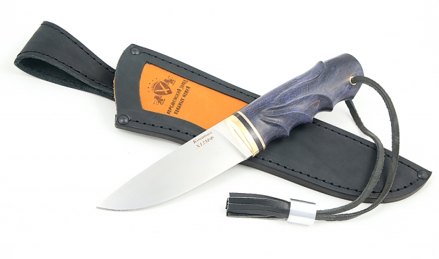 Нож Клык сталь Х12МФ(сатин), рукоять карельская береза стабилизированная резная фиолетовая, латунь 
