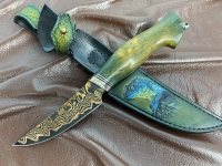 Нож Енисей дамаск ламинированный с воронением, карельская береза зеленая, мокумэ-гане
