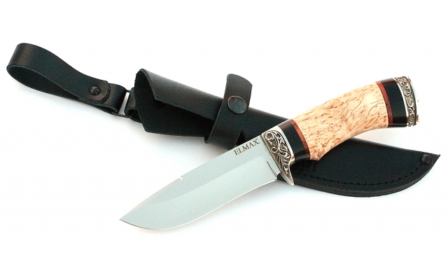 Нож Корсак сталь ELMAX , рукоять карельская береза-черный граб,мельхиор 