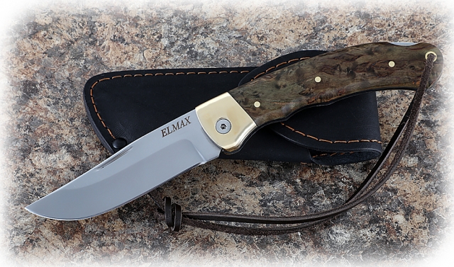 Нож Таежник, складной, сталь Elmax, рукоять накладки карельская береза стабилизированная коричневая 