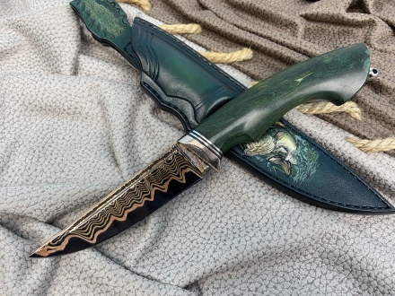 Нож Лютик дамаск ламинированный с долом, рукоять стабилизированная карельская береза зеленая мокуме-гане