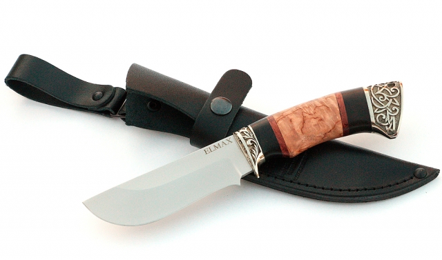 Нож Карась сталь ELMAX , рукоять карельская береза-черный граб,мельхиор 