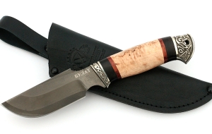 Нож Песец сталь булат, рукоять черный граб-карельская береза, мельхиор