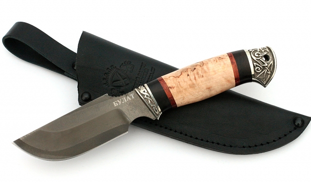 Нож Песец сталь булат, рукоять черный граб-карельская береза, мельхиор 
