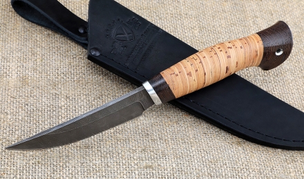 Нож из дамасской стали Енисей, рукоять береста Нож из дамасской стали Енисей, рукоять береста