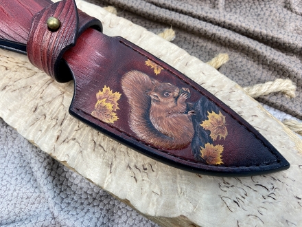 Нож Барсук дамаск ламинированный, рукоять комель тополя стабилизированный коричневый, мокуме-гане