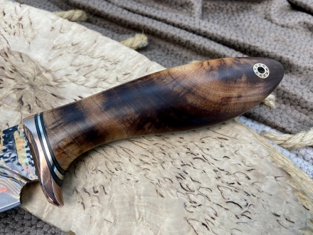Нож Барсук дамаск ламинированный, рукоять комель тополя стабилизированный коричневый, мокуме-гане