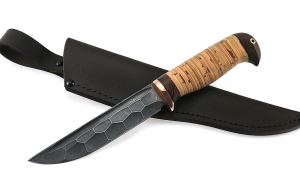 Нож Охотник сталь дамаск полный камень рукоять береста