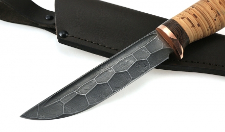 Нож Охотник сталь дамаск полный камень рукоять береста Нож Охотник сталь дамаск полный камень рукоять береста