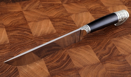 Нож Узбекский средний сталь кованая х12мф, рукоять черный граб мельхиор Нож Узбекский средний сталь кованая х12мф, рукоять черный граб мельхиор