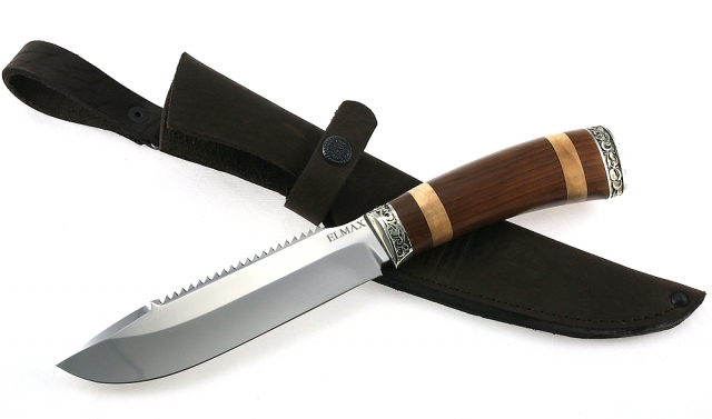 Нож Таежный сталь ELMAX, рукоять коричневый граб-кап,мельхиор 