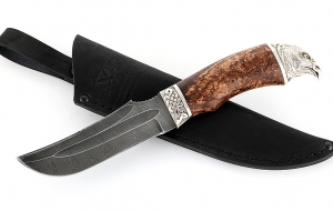 Нож Коршун сталь дамаск долы рукоять карельская береза стабилизированная коричневая, мельхиор