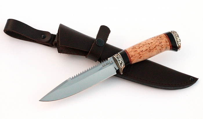 Нож Рыболов-1 сталь ELMAX, рукоять карельская береза-черный граб,мельхиор