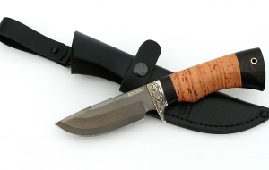 Нож Хаска сталь булат, рукоять черный граб-береста, мельхиор 1 Нож Хаска сталь булат, рукоять черный граб-береста, мельхиор 1
