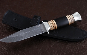 Нож Лидер сталь К340, рукоять черный граб карельская береза мельхиор