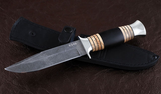 Нож Лидер сталь К340, рукоять черный граб карельская береза мельхиор 