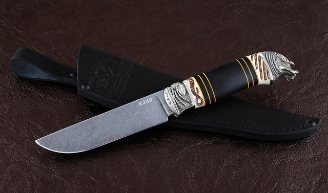 Нож Крот-2 сталь К340, рукоять черный граб рог лося, мельхиор 
